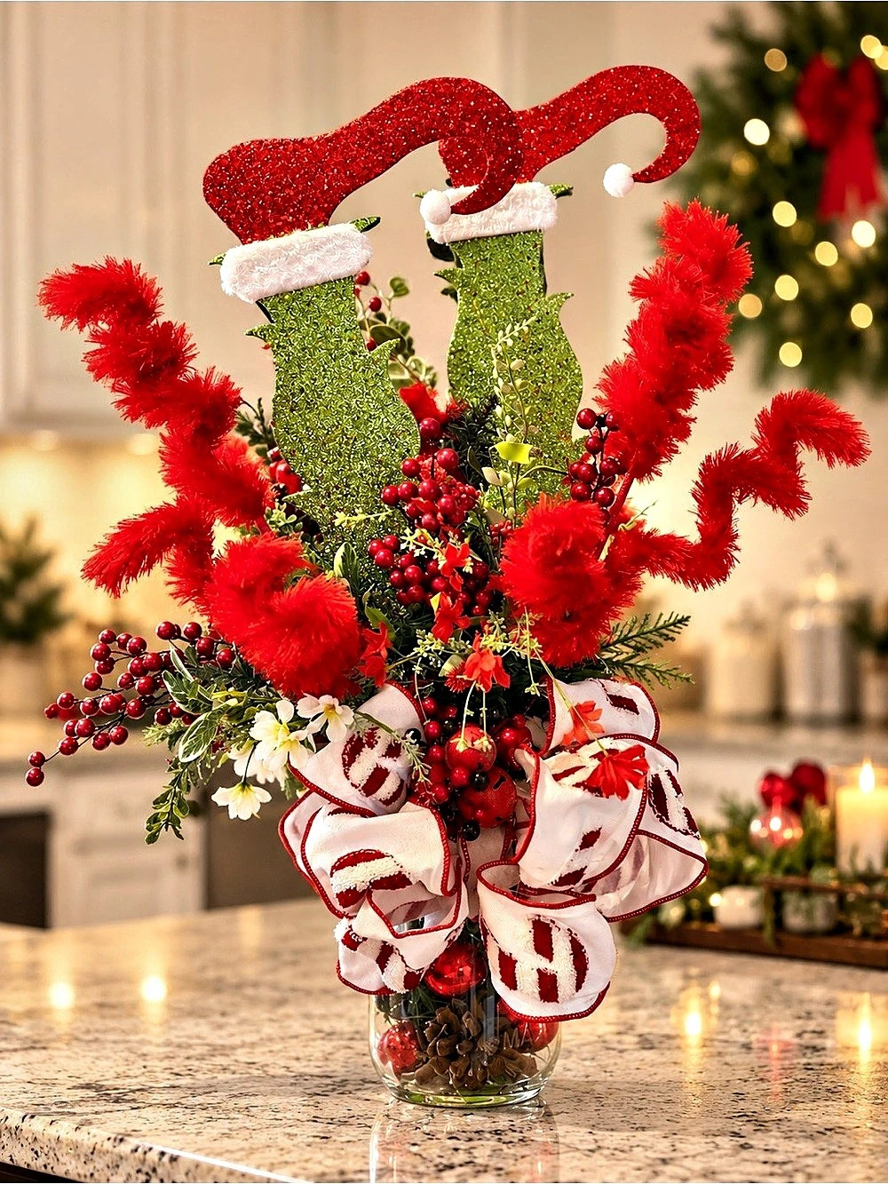 ๐ HANDMADE WHIMSICAL CHRISTMAS ELF LEGS FLORAL CENTERPIECE ๐
